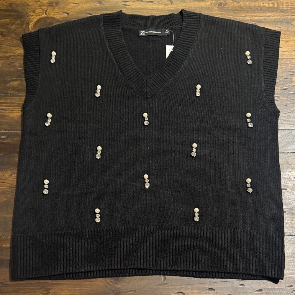 New York & Company Black V-Neck Sweater Vest with Pearl Accents